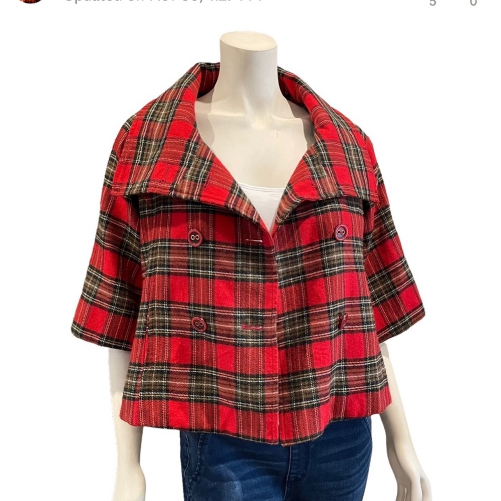 Wool Blend Tartan Double Breasted Cape Jacket